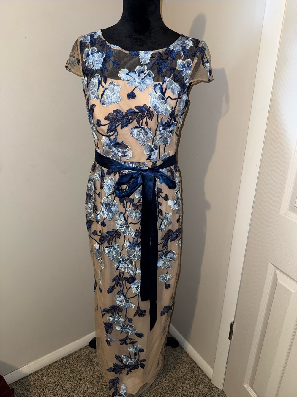 Adrianna Papell Navy and Light Blue Floral Embroidered Maxi Dress